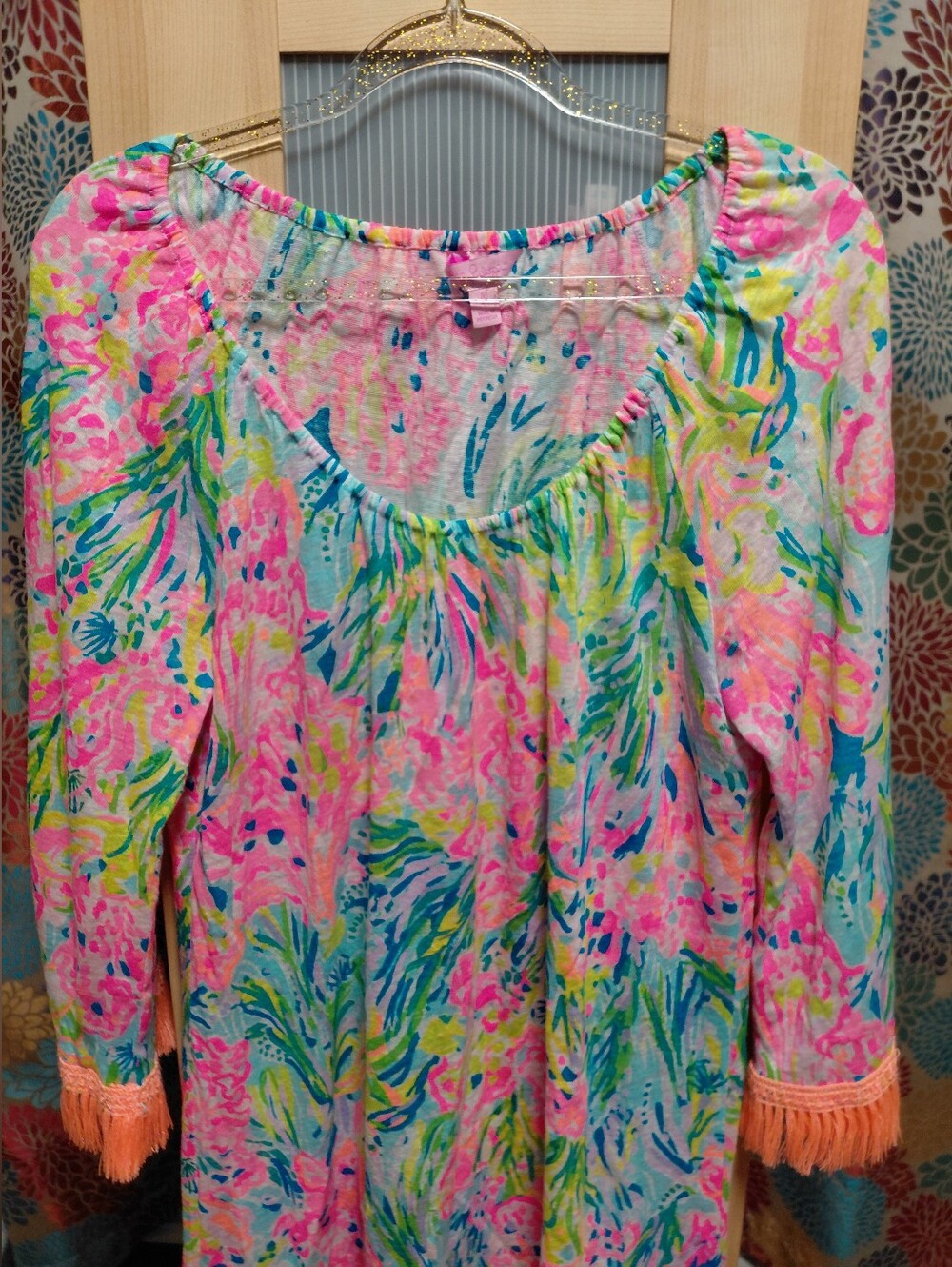 Lilly Pulitzer Pink, Blue & Green Fringe Tunic Dress Beach Sun Fun - Picture 8 of 9